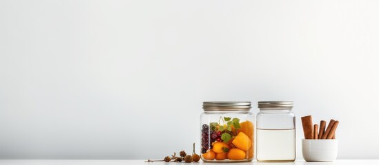 Three glass jars filled with a mixture of fruit and spices are elegantly displayed on a white table, showcasing a colorful and aromatic recipe - Powered by Adobe