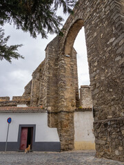 A dog peers inside a house built inside an arcade of the Água de Prata Aqueduct, in the historic center of Évora. A complex work of engineering. Portugal.