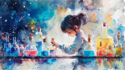 Young Girl Experiments with Colorful Chemistry Set - obrazy, fototapety, plakaty