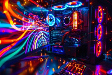 Fototapeta na wymiar Glowing Geek Paradise A Neon-Lit Gaming Setup Generative AI