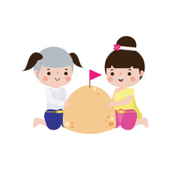 Songkran festival cute kids thai Traditional and sand pagoda Thailand Traditional New Year Day Vector Illustration template Thailand travel concept on white background