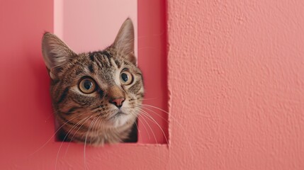 A domestic cat peeks out from behind a corner on a light pink background, with copy space