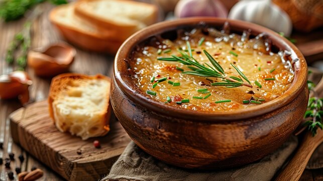French onion soup on the wooden board