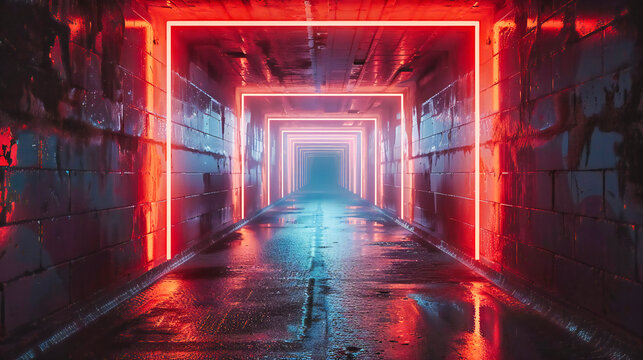 Cybernetic Passage, A Neon-lit Corridor to the Future, An Architectural Vision of Tomorrows Digital Realm