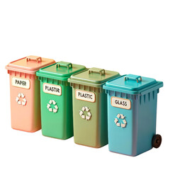 Four green trash cans with the words paper, plastic, glass and glass on them
