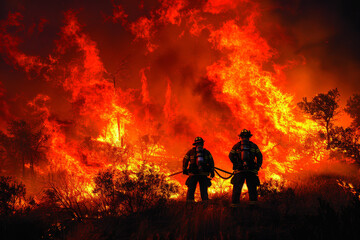Obraz na płótnie Canvas Firefighters Battling Intense Forest Blaze