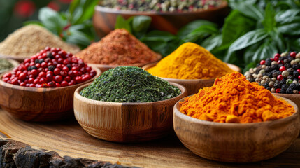 Colorful international spices on in bowls on wooden surface. Herbs and spices, cooking. Rustic. Top view. 