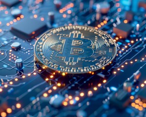 Fototapeta na wymiar Innovative financial technology concept with Bitcoin and blockchain on a futuristic blue background.