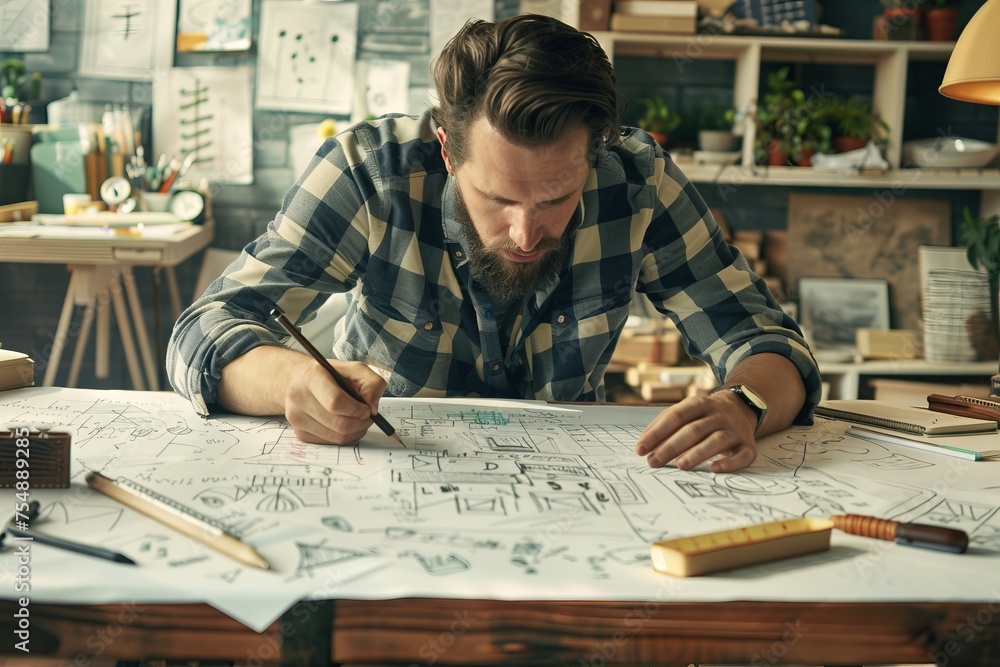 Poster architect works on a new sketch of a modern building. generative ai