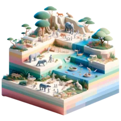  A colorful 3D model of a zoo with a variety of animals and people. Concept of wonder and excitement as visitors explore the different exhibits © peerasak