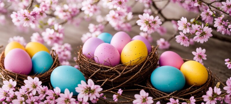 Bright Easter eggs resting in a twig nest near pink blossoms 