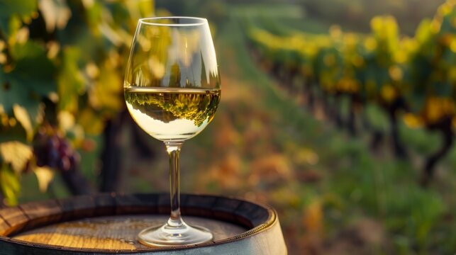 Glass of white wine on a countryside barrel 
