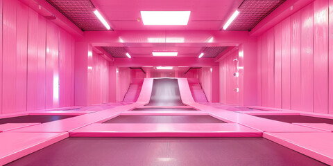 Pink Indoor Trampoline Park in Modern Facility. Empty trampoline park interior, vibrant color blocks. Trampoline center for adults and children. - obrazy, fototapety, plakaty
