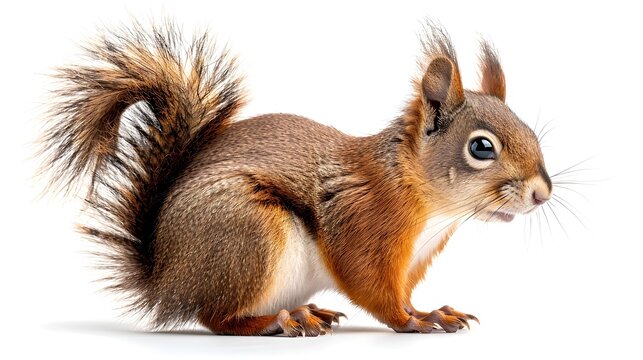 Lively Red Squirrel in Natural Pose on White Background, To provide a striking and high-quality image of a red squirrel
