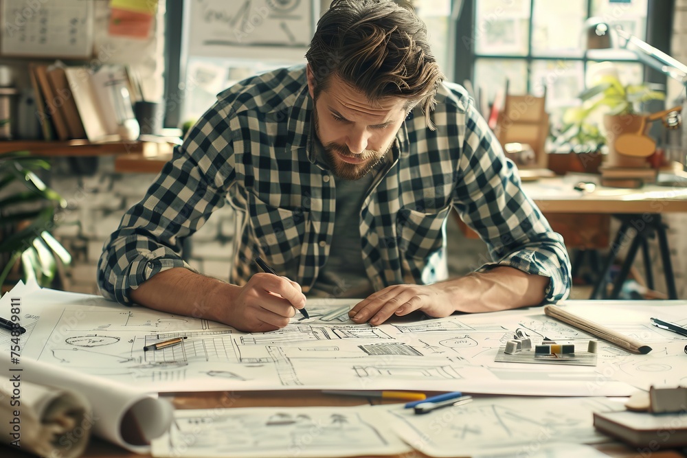 Poster architect works on a new sketch of a modern building. generative ai