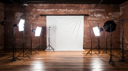 professional photo studio with cameras, tripods, lights, softboxes, backdrops