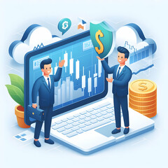 A 3d flat icon of business and financial concept happy Stock market experts hosting a live webinar on investment opportunities and trading tips with isolated white background and business tone