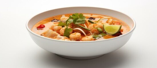 A dish of shrimp and vegetable soup served in a white bowl, perfect for a nutritious and delicious meal. The white background highlights the vibrant colors of the ingredients
