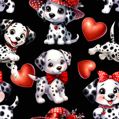 Dark and colorful seamless pattern with cute Dalmatian puppies. Seamless children's illustration with funny dogs.