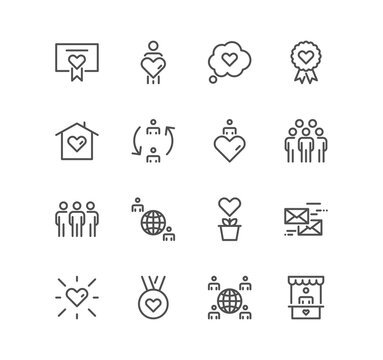 Set of volunteering icons, donations, teamwork, participation, welfare and linear variety symbols.	
