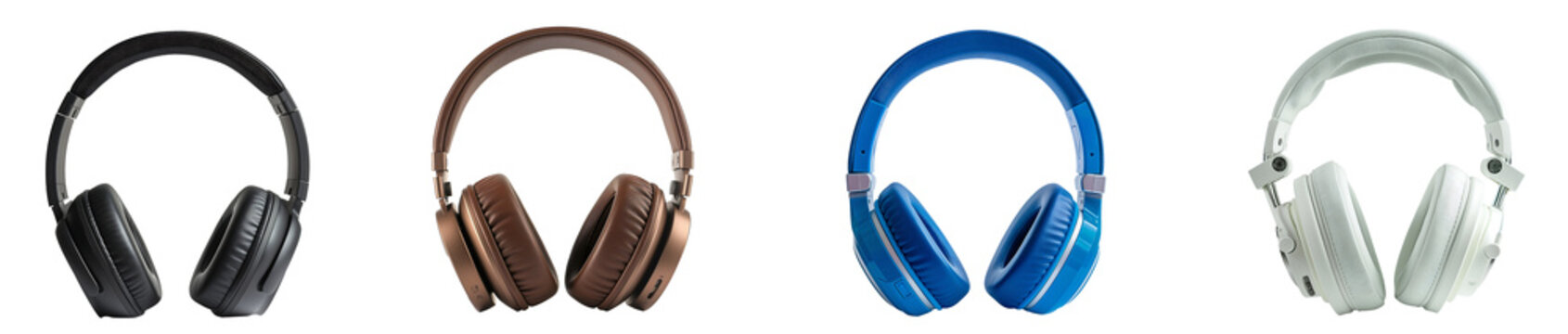Collection of modern headphones with different colors isolated on a transparent background