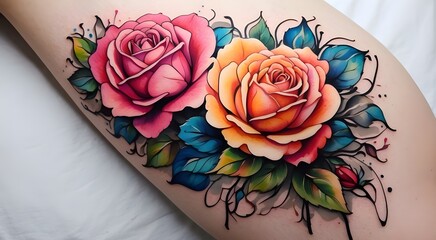 A vibrant and colorful rose tattoo, with bold lines and a watercolor effect that captures the delicate beauty of this flower.