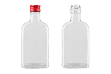 Empty glass bottle with a red cap from a medicine or an alcoholic drink of vodka, whiskey isolated on a white background. File contains clipping path.