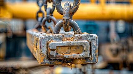 Close-up of a heavy, rusty chain on a metallic surface
