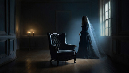 woman in black dress and veil in a dark room, horror and mystery atmosphere - obrazy, fototapety, plakaty