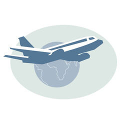 Plane global travel, airline and travel agency icon or logo element, flat vector illustration isolated on white background. Travel industry   logo design.