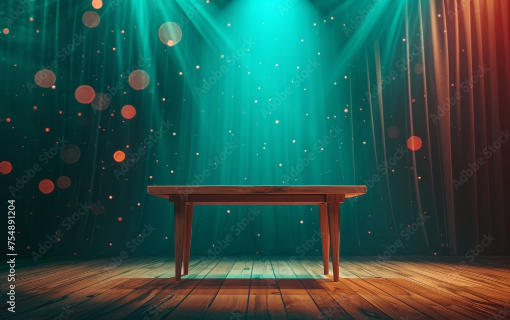 Poster a wooden table is sitting in front of a curtain. the curtain is blue and red, and the table is empty