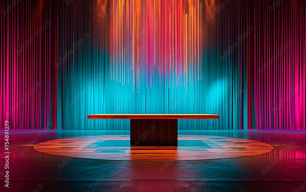 Poster a stage with a table and curtains in the background. the curtains are in different colors and the ta