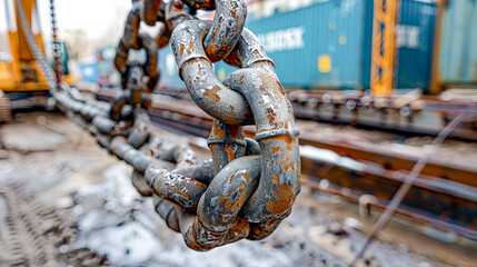 Close-up of a heavy, rusty chain on a metallic surface

