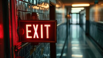 Exit sign above a doorway leading out on a hallway. - obrazy, fototapety, plakaty