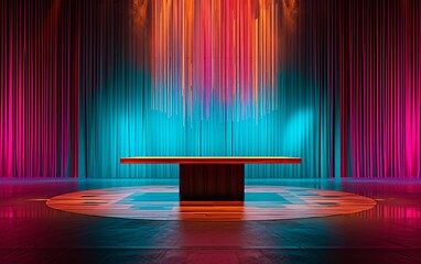 A stage with a table and curtains in the background. The curtains are in different colors and the...