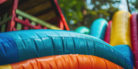 Inflatable Trampoline Toy in Garden. Close-up of a colorful rubber kids Trampoline on sunny backyard. Entertainment complexes for the exterior of the house.