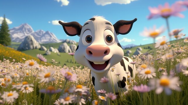 Cartoon a dairy cow in a field of flowers. 3d illustration