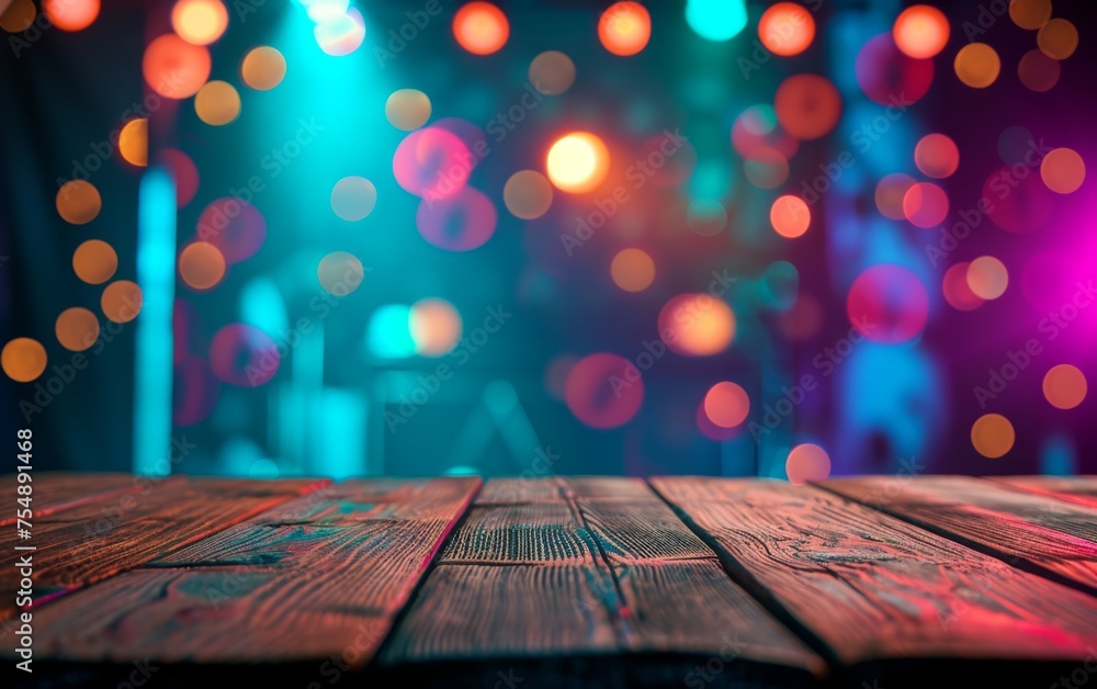 Poster a wooden table with a blue background and lights in the background. the lights are in different colo
