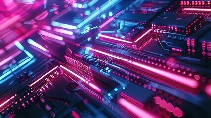 Fototapeta premium Innovative holographic technology showcased in digital neon lights, close-up shot with wide-angle lens, modern style