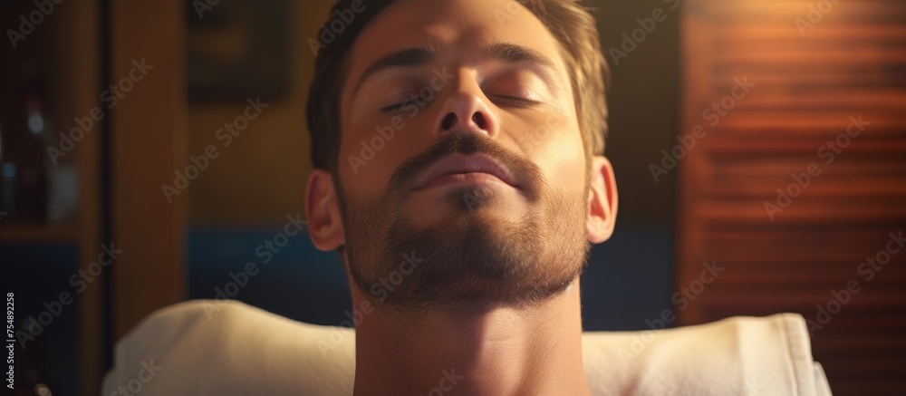 Canvas Prints A man with a beard is resting on a bed, his eyes closed. His nose is prominent, muscles relaxed, jawline defined, facial hair wellgroomed, chest rising and falling with each breath