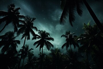 Serene Palm tree night dark. Way year. Generate Ai