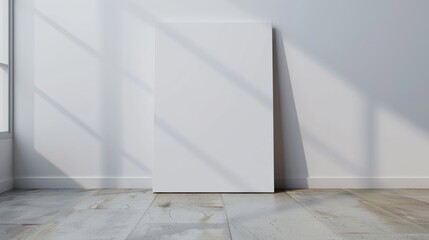 Fototapeta na wymiar Blank Art Canvas Mockup on Laminate Floor Against White Wall