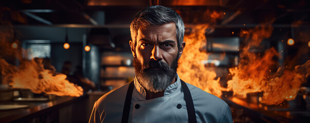 Chef portrait with burning or fire background