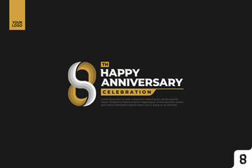 8th happy anniversary celebration with gold and silver on white background.
