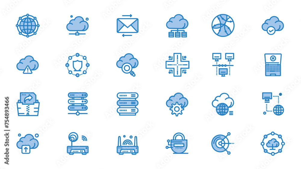 Poster set of network and cloud computing icons. set of vector icons related to cloud computing, cloud serv