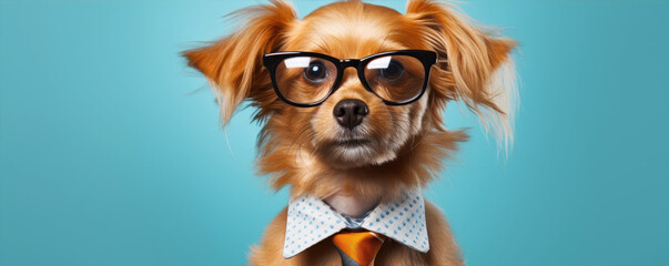 Funny dog in glasses with tie on blue background. - obrazy, fototapety, plakaty