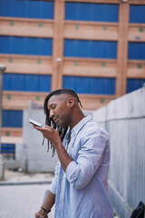 Digital contact communication, phone voice recording message or phone call. Happy African...
