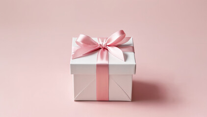 Present gift box with satin pink bow. Background elegant copy space, pink ribbon decorated with blooming sakura flowers. Decorations, gifts, parties, valentine's day, romance and asian style.