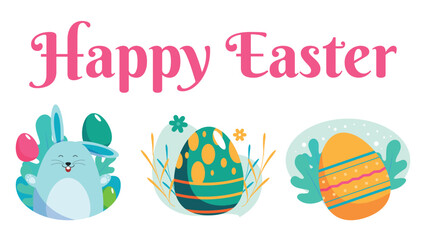 Fototapeta premium Happy Easter card with eggs and flowers set. Cute bunny with flowers. Vector hand drawn easter element collection