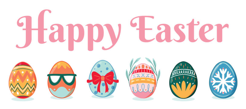 Happy Easter eggs set in green orange and pink color. Holiday easter clip art for cards, invitations, tags and postcards.